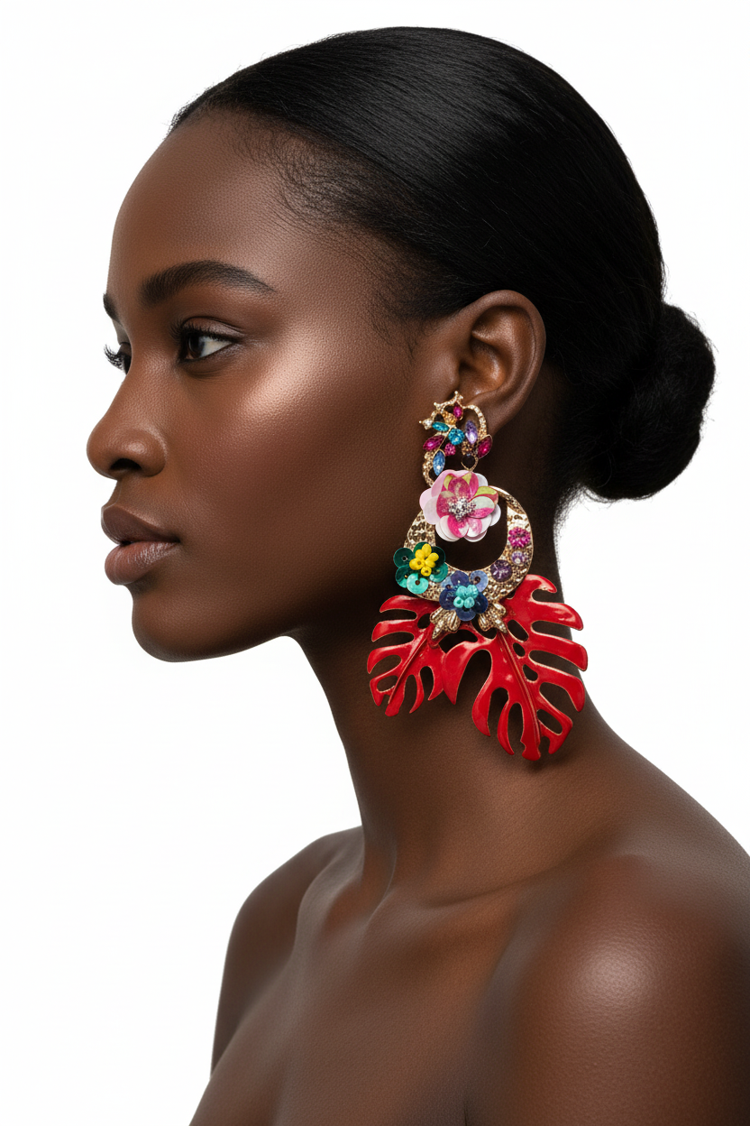 Woman wearing colorful earrings with a white background