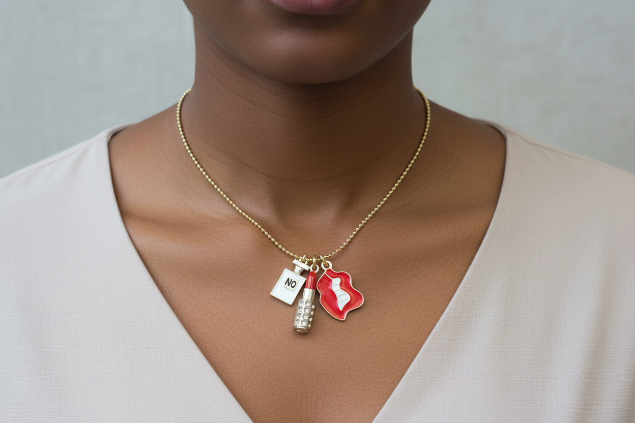 Gold Plated White & Red Perfume Bottles Lip Necklace