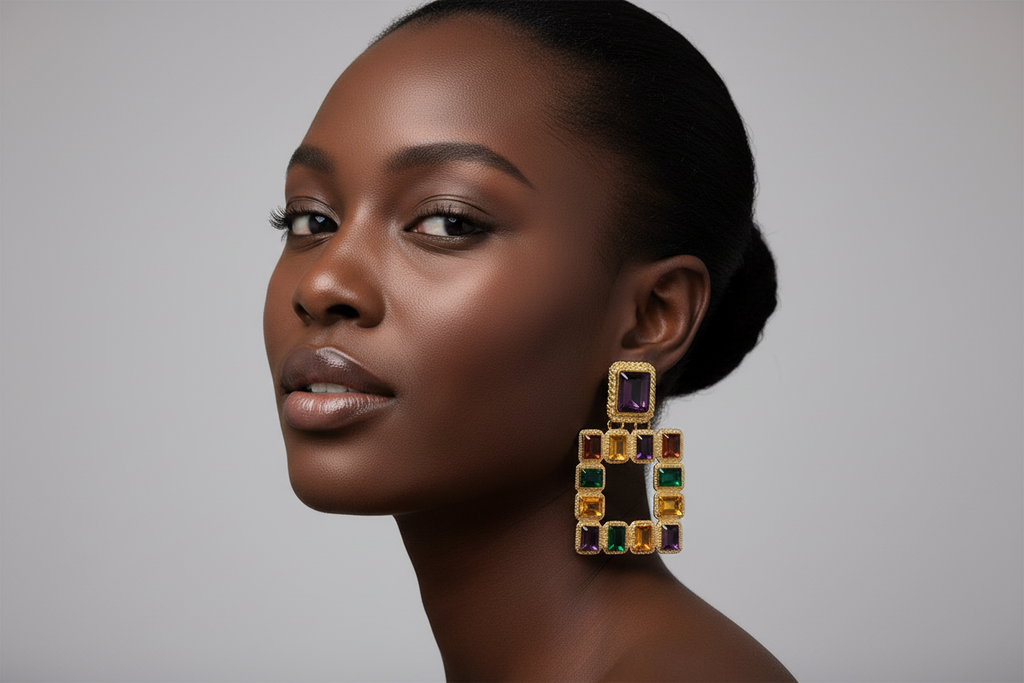 Woman wearing a pair of colorful earrings against a neutral background