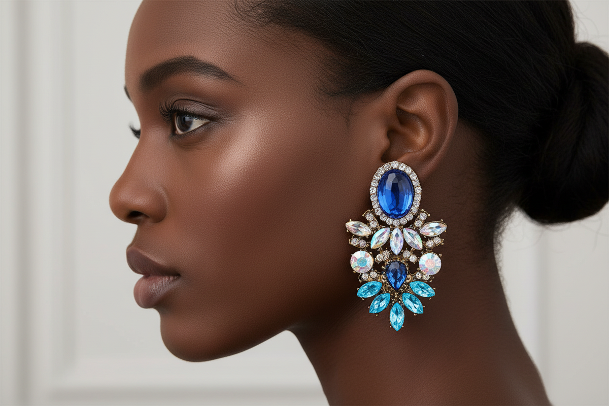 Woman wearing a blue gemstone earring with a neutral background