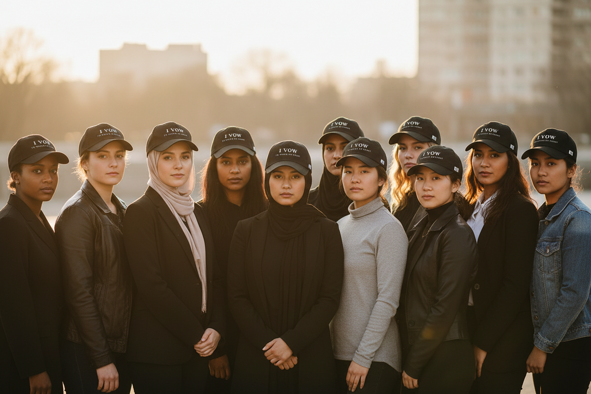 Group of people wearing branded hats in an urban setting