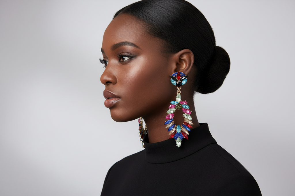 Woman wearing colorful earrings against a neutral background