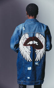 Pretty Red Lips Sequin Wings Denim Jacket
