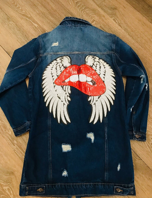 Pretty Red Lips Sequin Wings Denim Jacket