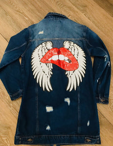 Pretty Red Lips Sequin Wings Denim Jacket