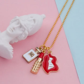 Gold Plated White & Red Perfume Bottles Lip Necklace - TopNotch{C}